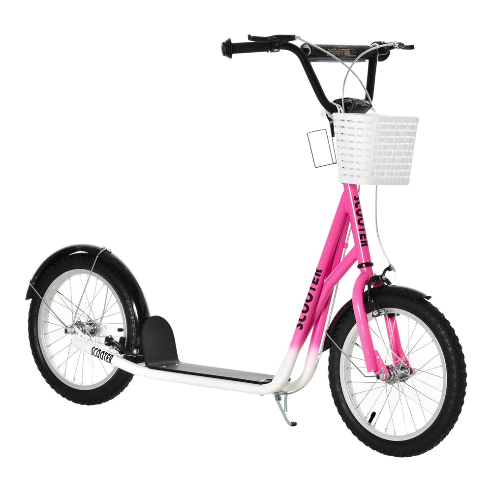 HOMCOM Kids Scooter in pink and white with a front basket and black mudguards on a white background