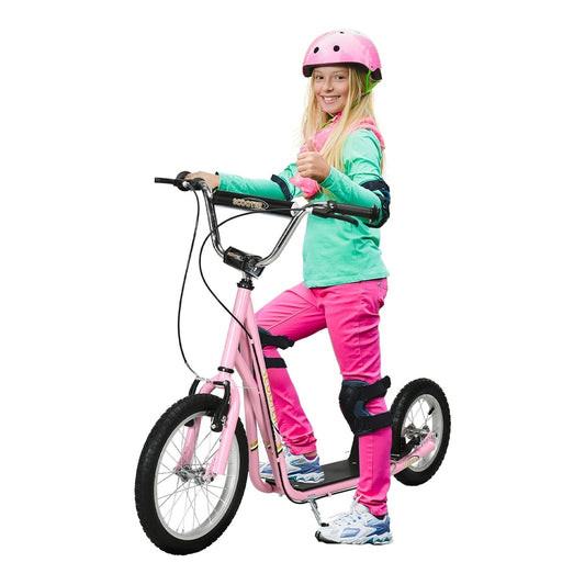 HOMCOM Kids Scooter, a pink kick scooter with a girl wearing a helmet and protective gear giving a thumbs up