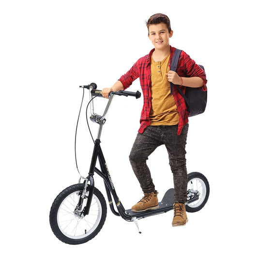 HOMCOM Kids Scooter standing next to a boy wearing a backpack on a white background