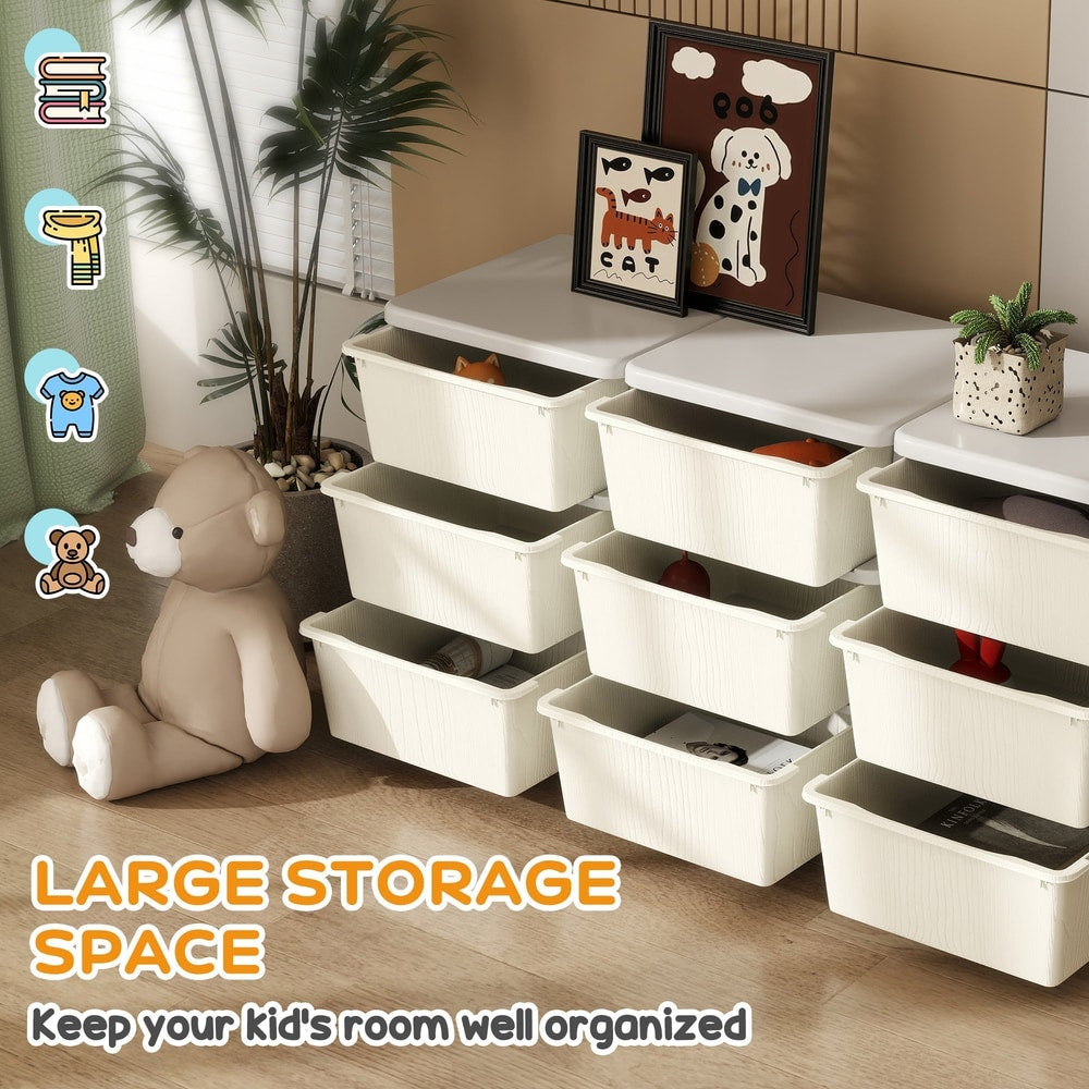 Close up of the cream drawers of the kids storage unit, showing the large storage space