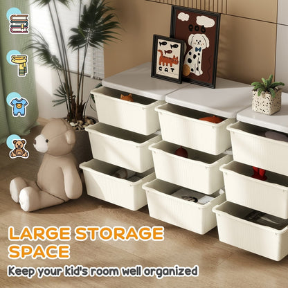 Close up of the cream drawers of the kids storage unit, showing the large storage space