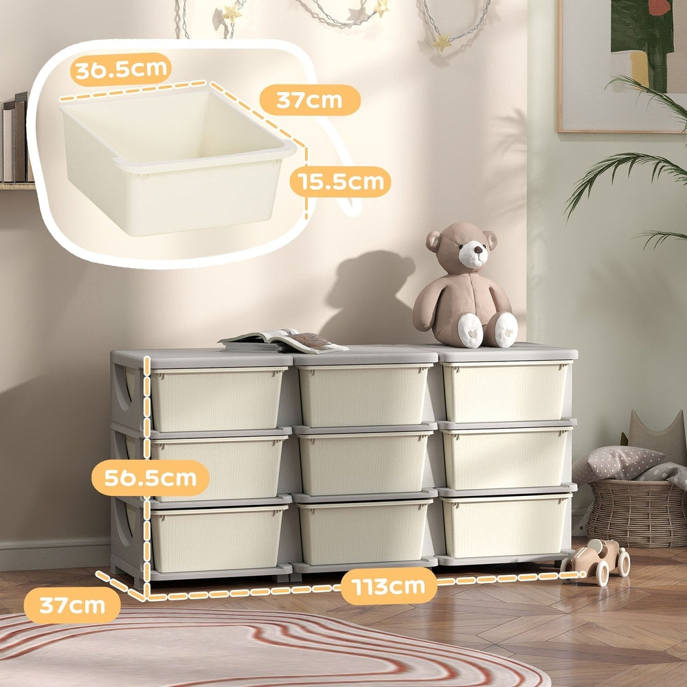 A diagram showing the dimensions of the kids storage unit and its drawers