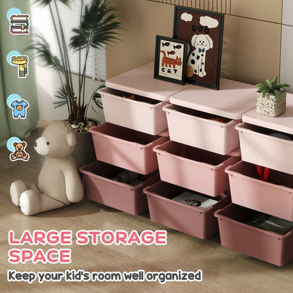 Close up of the pink kids storage unit with icons showing clothing and toys