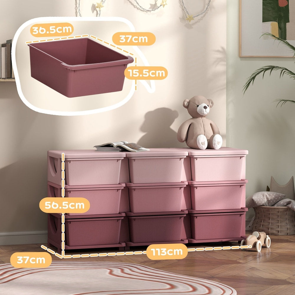 A size diagram shows the dimensions of the pink kids storage unit