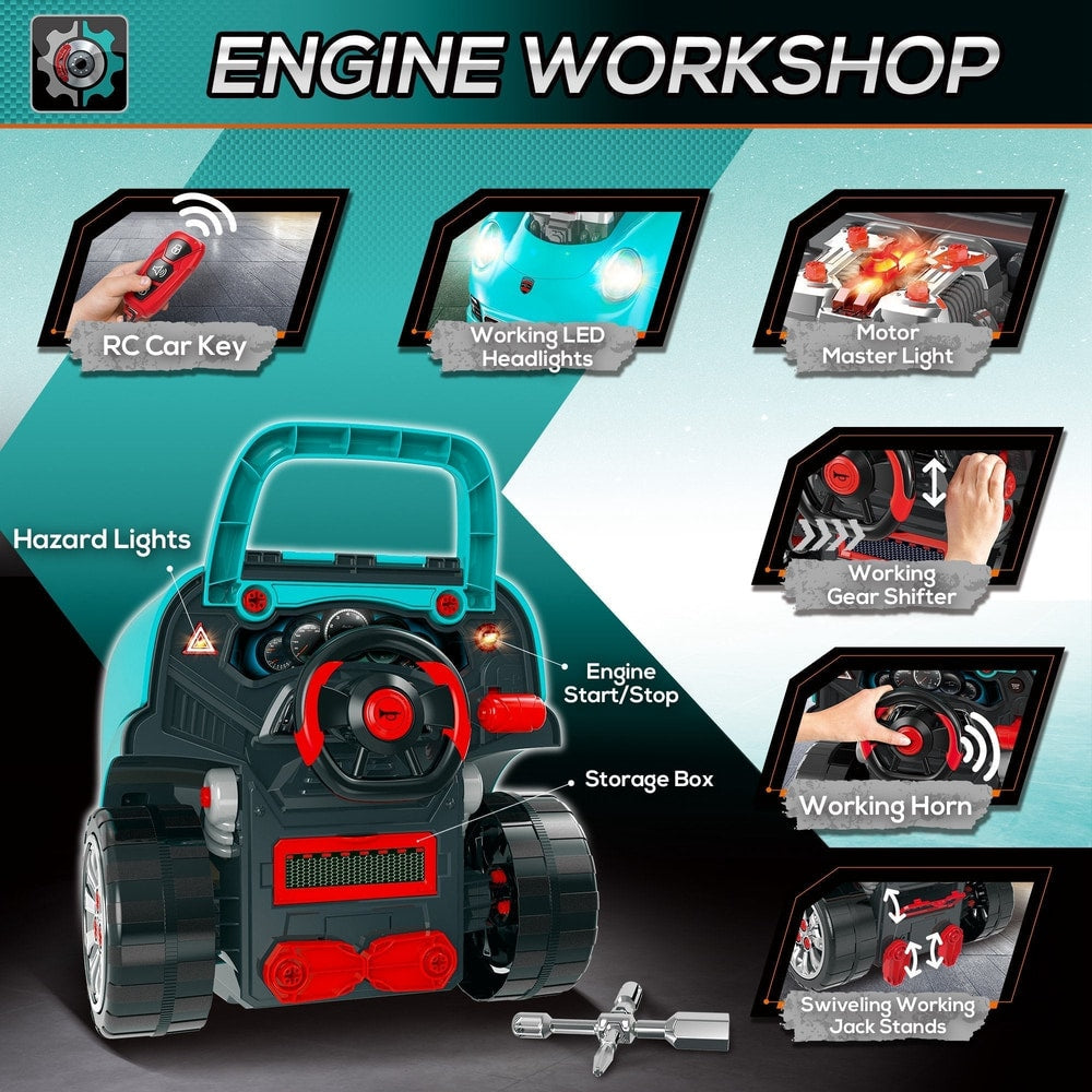 Close up of the steering wheel and dashboard of the teal kids truck engine toy set