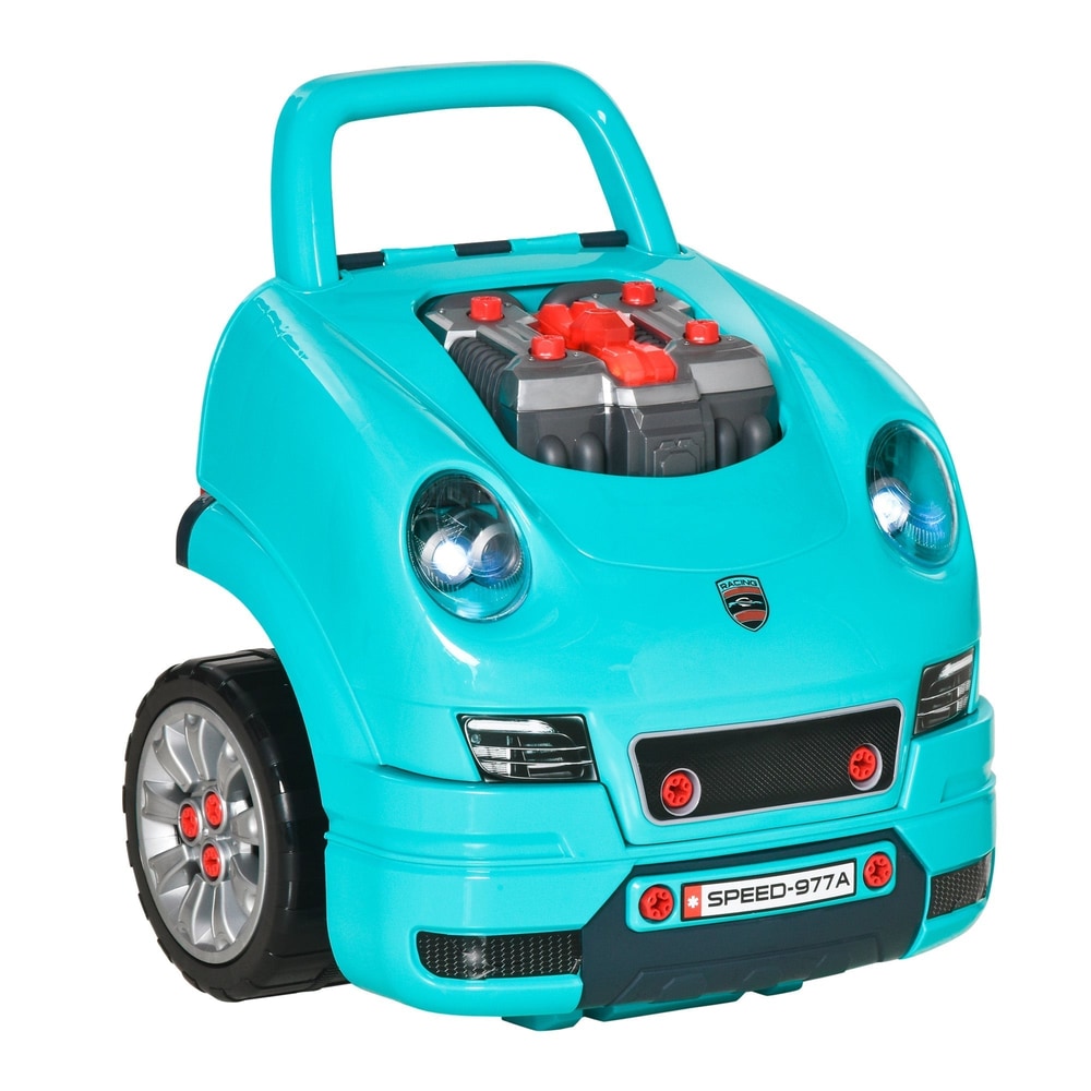HOMCOM Kids Truck Engine Toy Set teal front view with open bonnet showing engine parts