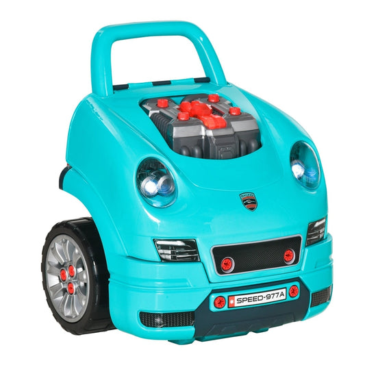 HOMCOM Kids Truck Engine Toy Set teal front view with open bonnet showing engine parts