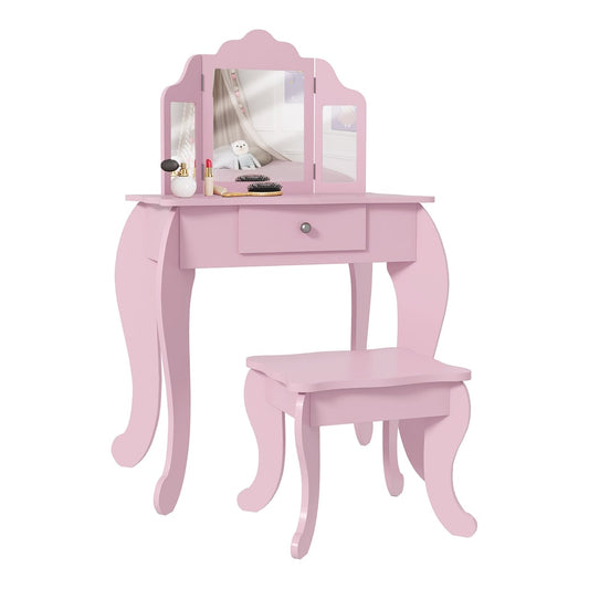 HOMCOM Kids Vanity Table and Chair Set in pink with a tri-folding mirror and drawer