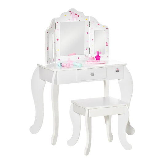 HOMCOM Kids Vanity Table and Chair Set with a tri-folding mirror and small accessories on top