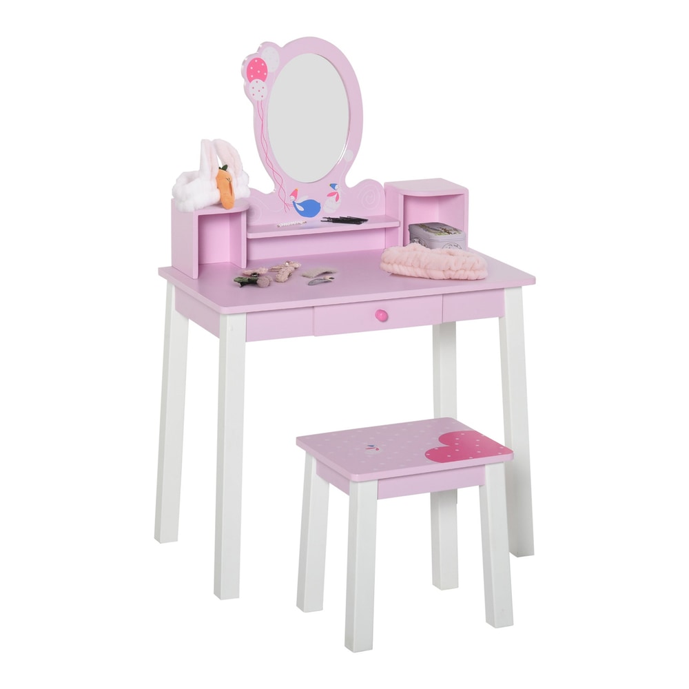 HOMCOM Kids Wooden Dressing Table with a pink desk, oval mirror, and matching stool on white background