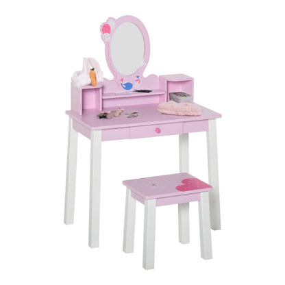 HOMCOM Kids Wooden Dressing Table with a pink desk, oval mirror, and matching stool on white background