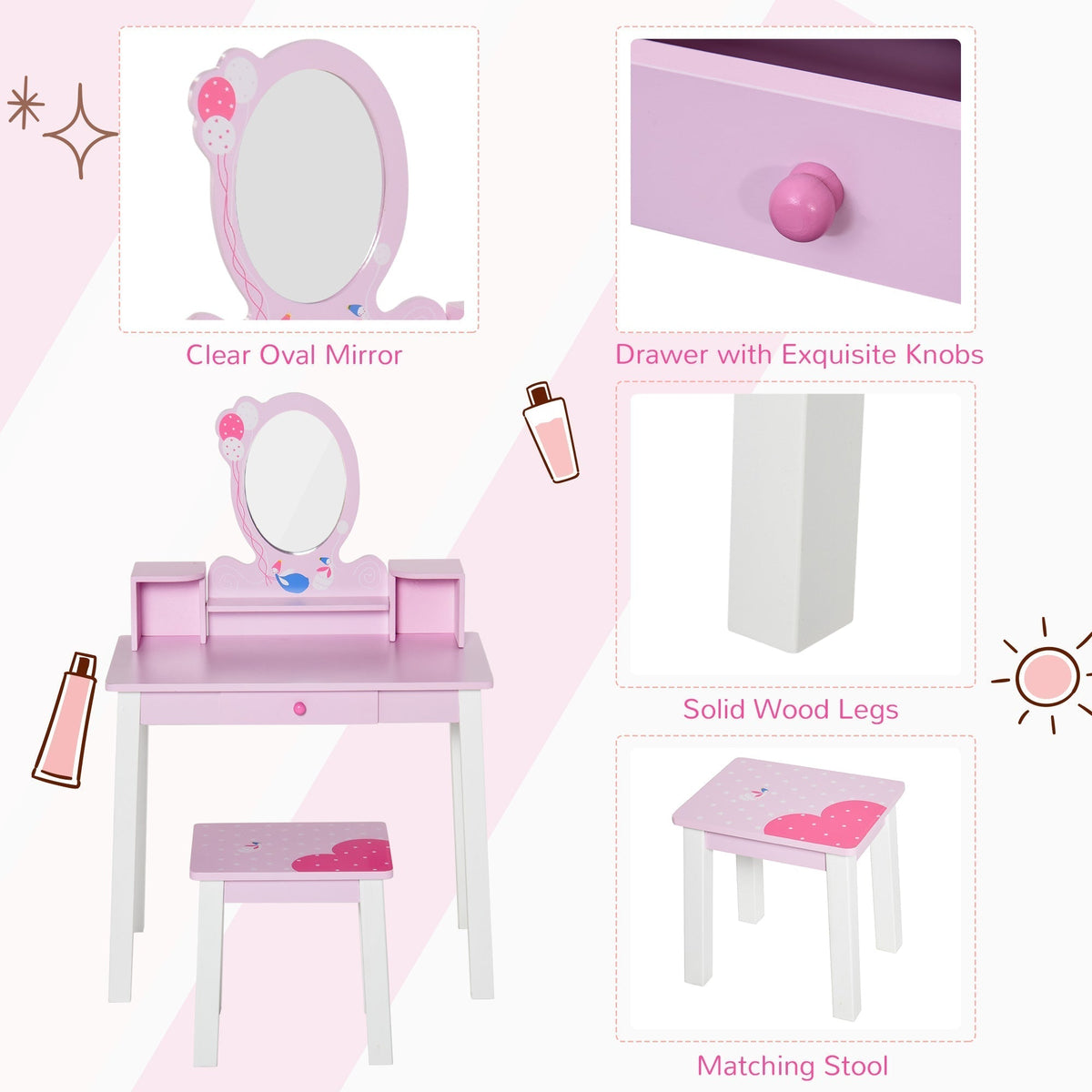 The dressing table showing close-ups of the mirror, drawer knob, legs, and stool
