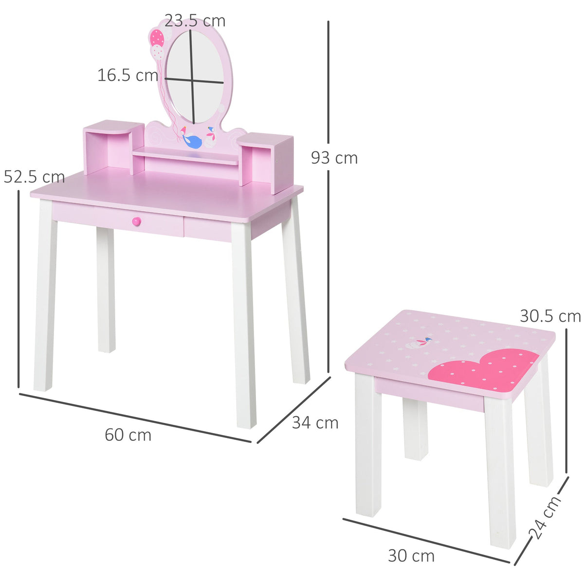 The dressing table and stool shown with technical lines indicating dimensions