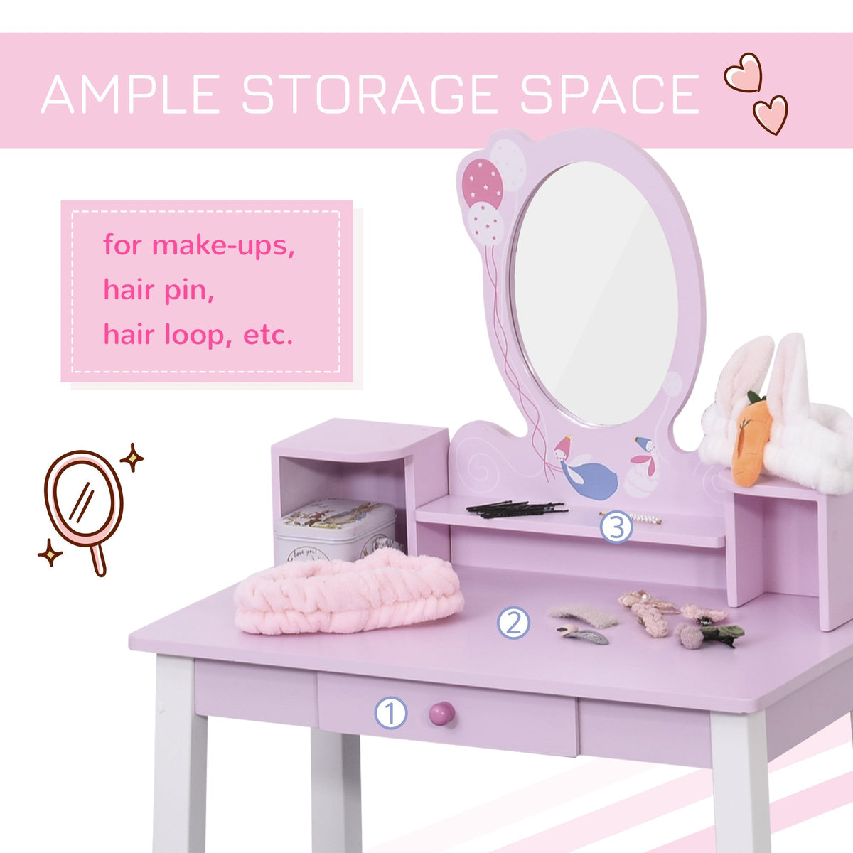 The dressing table surface with numbered storage areas for accessories