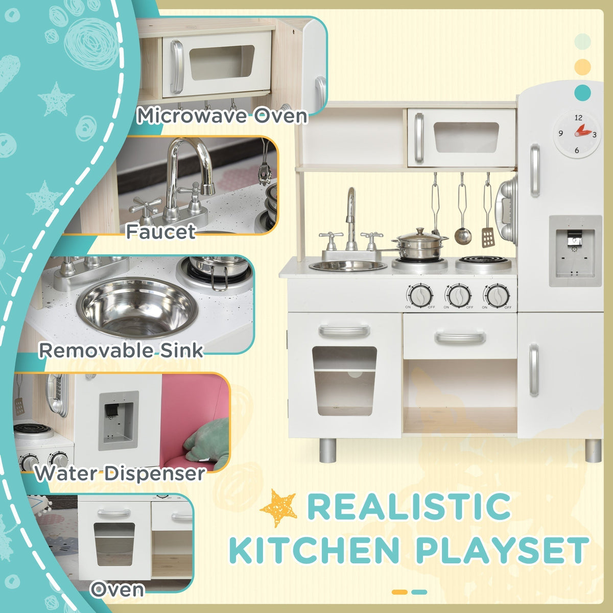 Close-ups of the toy kitchen features including microwave, sink and water dispenser