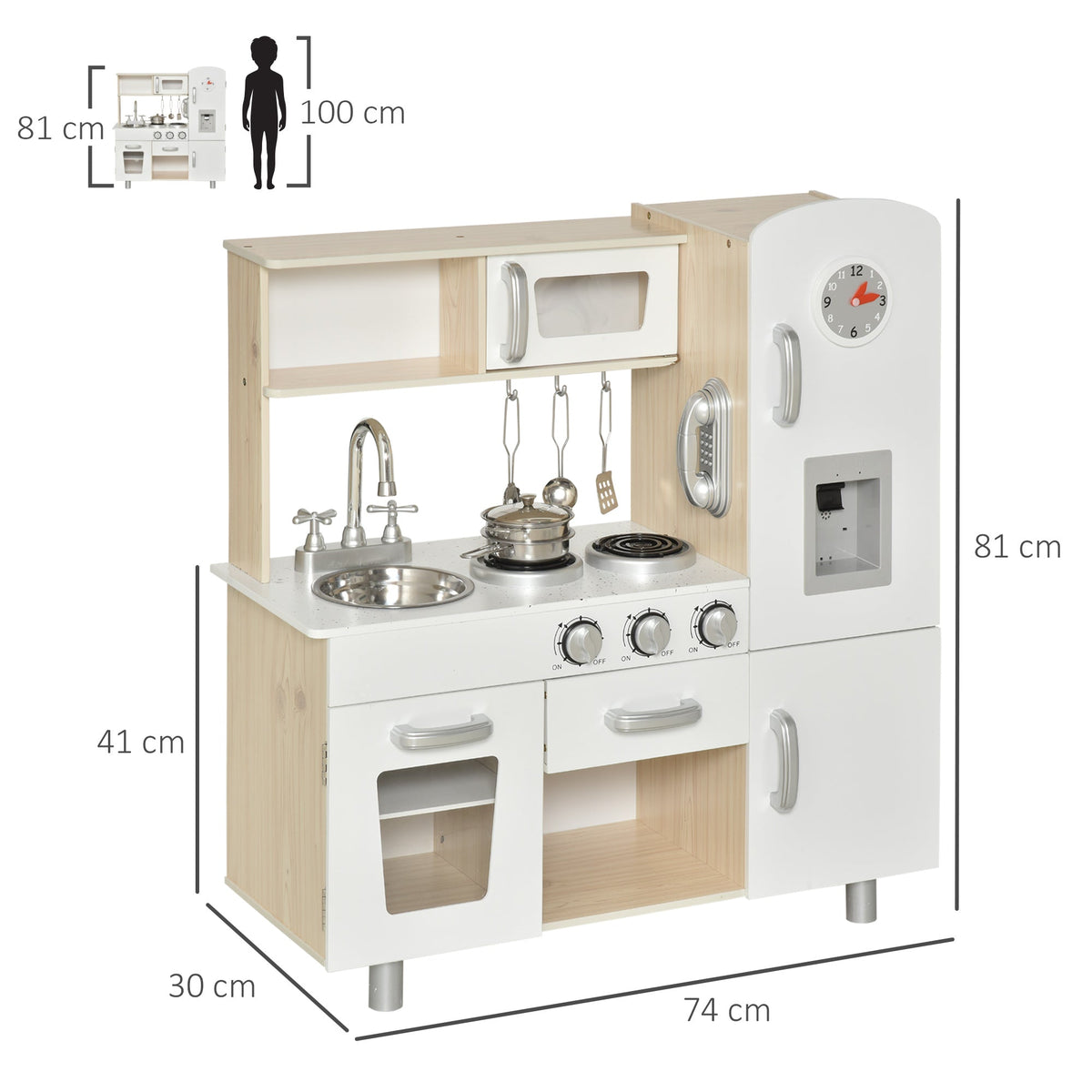 The wooden toy kitchen with dimensions shown