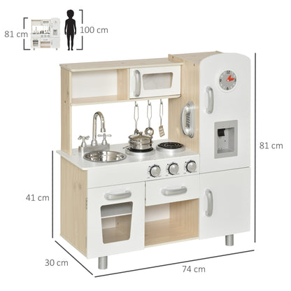 The wooden toy kitchen with dimensions shown