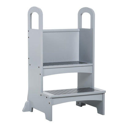 HOMCOM Kids Wooden Step Stool a grey two-step helper stool with handles for children