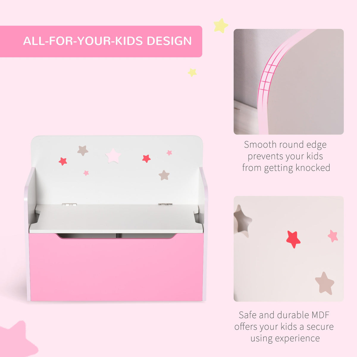 The kids storage chest with close-up details of the rounded edges and star motifs