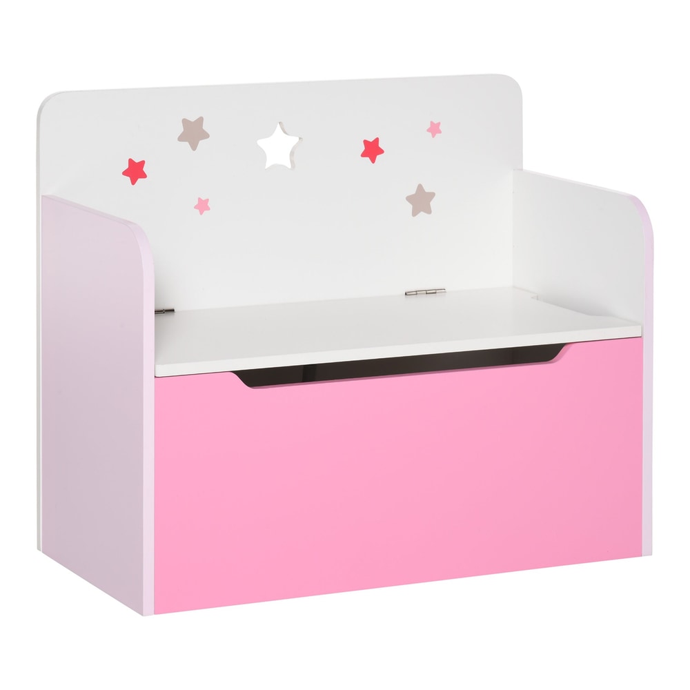 HOMCOM Kids Wooden Toy Box in pink and white with star cutouts on the backrest