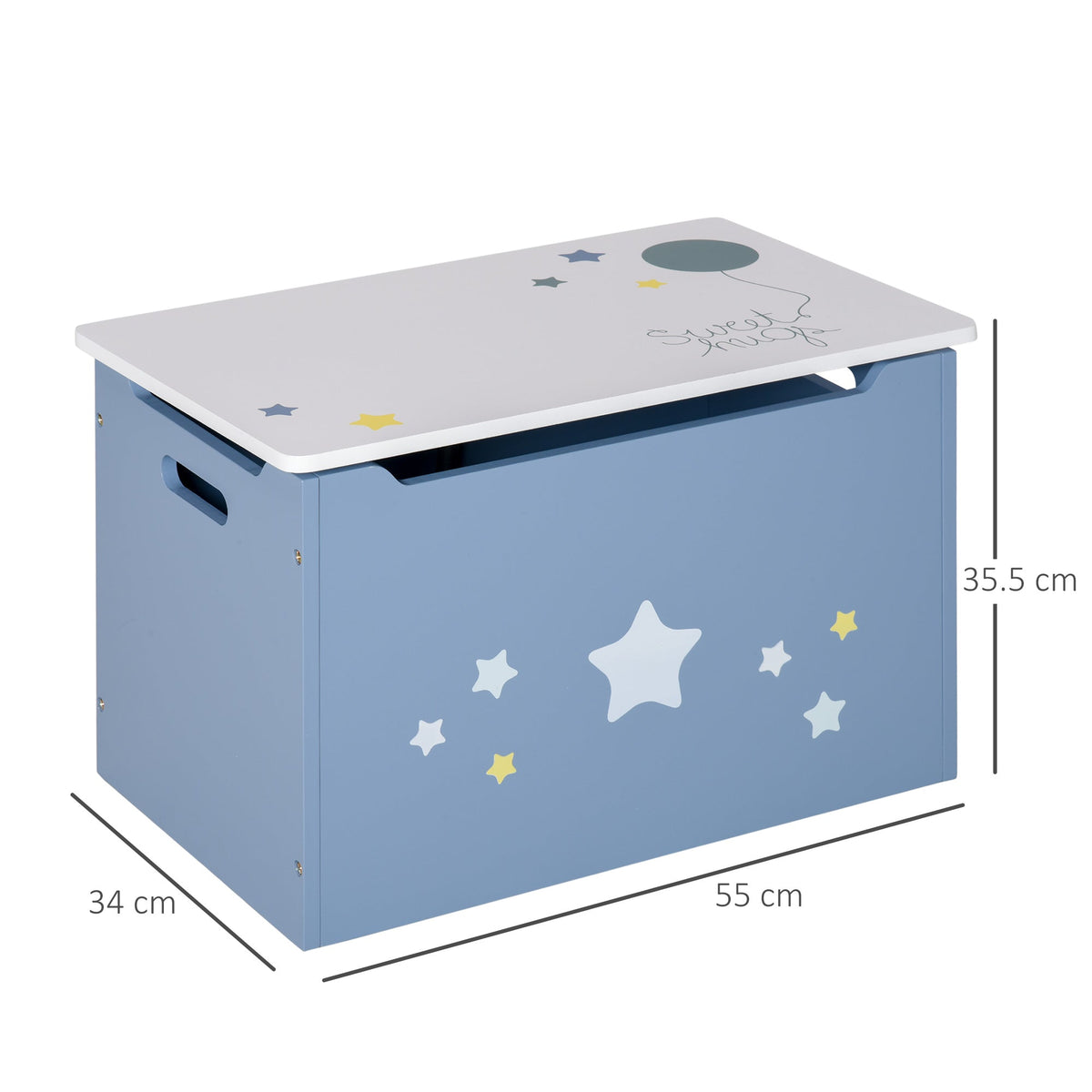 The blue toy chest has dimensions marked on the side and lid