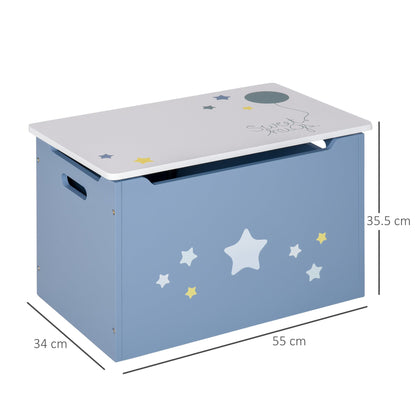 The blue toy chest has dimensions marked on the side and lid