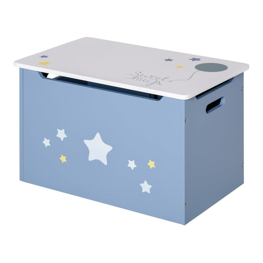 HOMCOM Kids Wooden Toy Box blue with white stars and a balloon on the lid