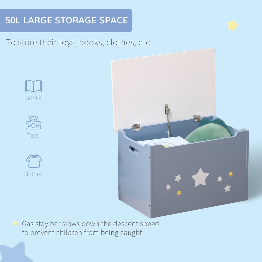 The blue toy box is open showing storage space and a gas stay hinge