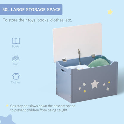 The blue toy box is open showing storage space and a gas stay hinge