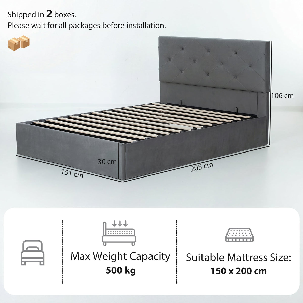 The upholstered bed frame with dimensions and mattress size information