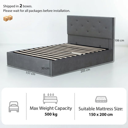 The upholstered bed frame with dimensions and mattress size information