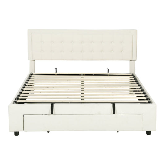 HOMCOM King Size Ottoman Bed Frame in cream with a buttoned headboard and front drawer