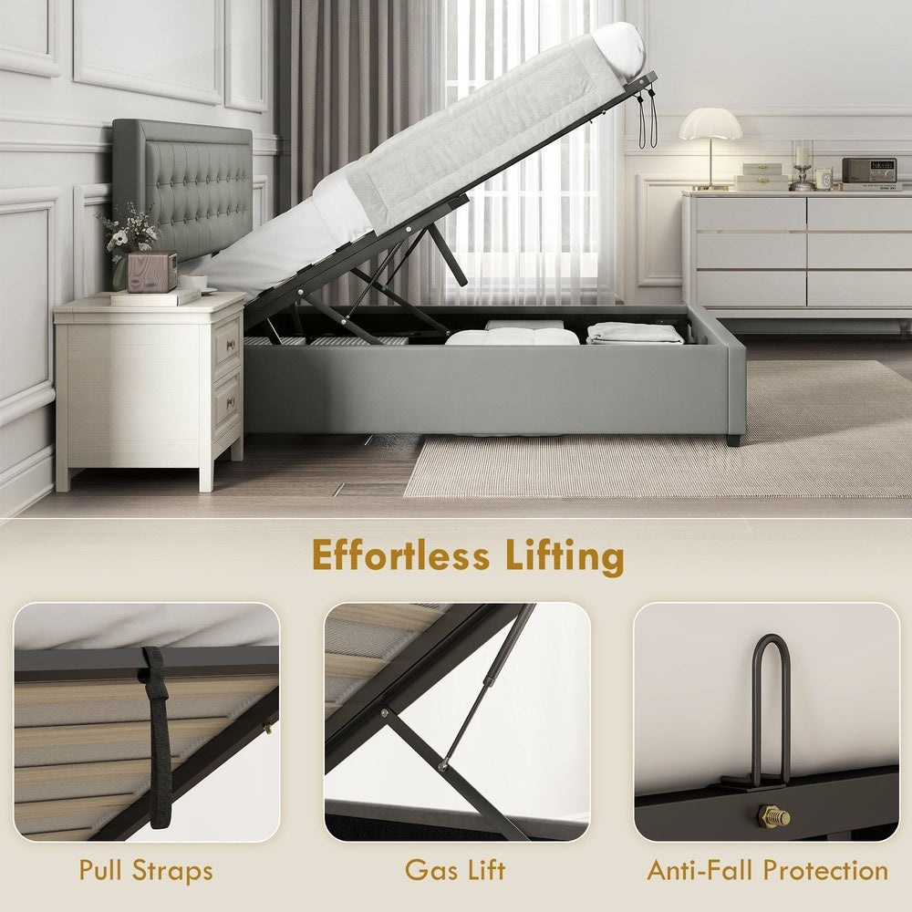 Close up views of the lifting mechanism and pull straps on the grey ottoman bed