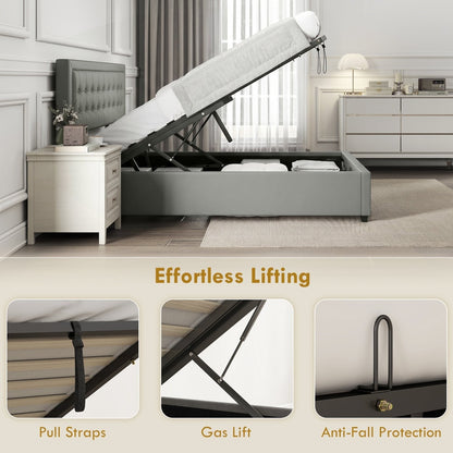 Close up views of the lifting mechanism and pull straps on the grey ottoman bed