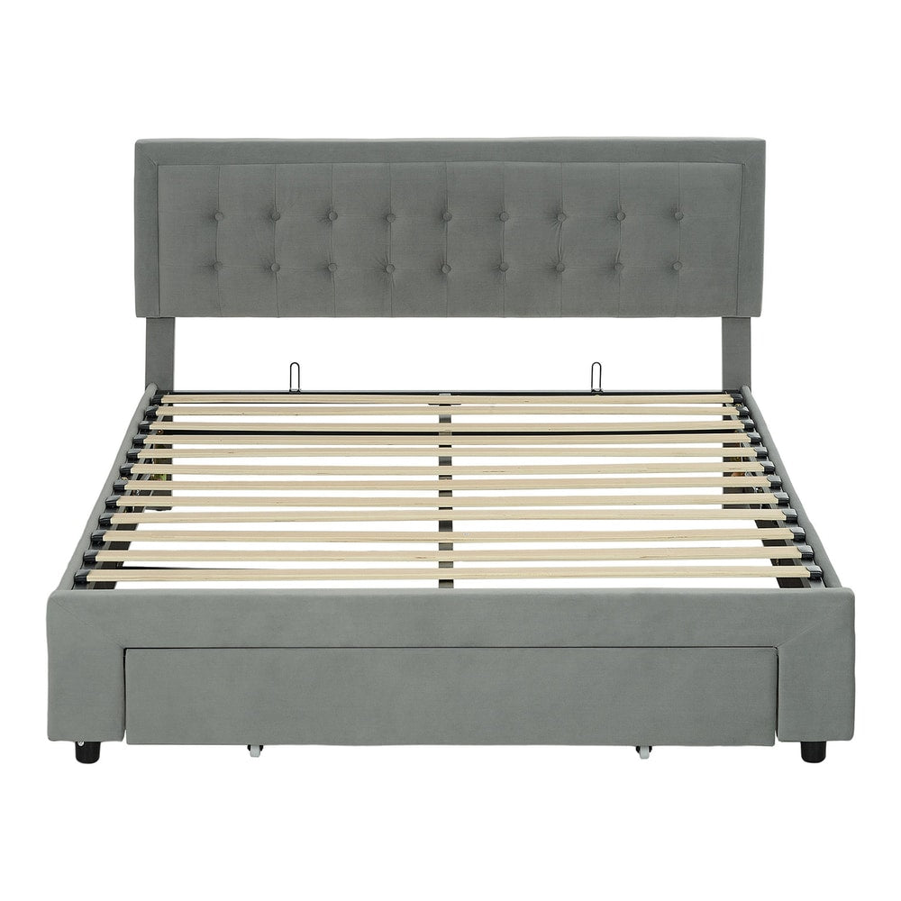 HOMCOM King Size Ottoman Bed Frame upholstered in grey fabric with a buttoned headboard and wooden slats
