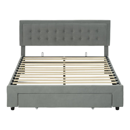 HOMCOM King Size Ottoman Bed Frame upholstered in grey fabric with a buttoned headboard and wooden slats
