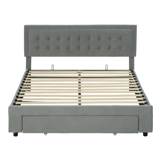 HOMCOM King Size Ottoman Bed Frame upholstered in grey fabric with a buttoned headboard and wooden slats