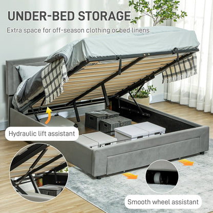 The grey king size bed frame with the ottoman storage lifted to show the space underneath
