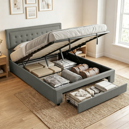 Grey king size ottoman bed frame with the storage compartment filled with items