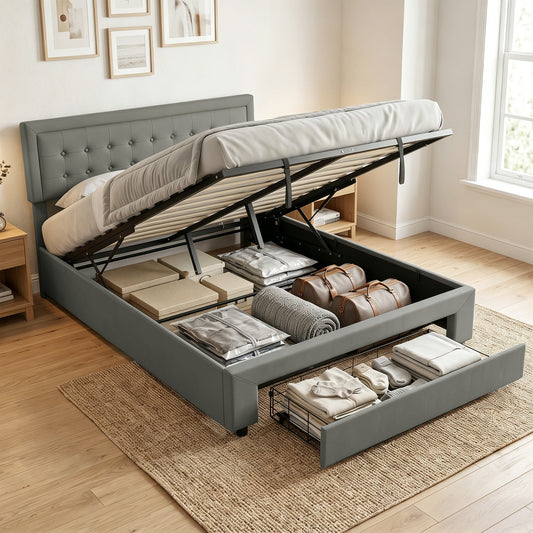 Grey king size ottoman bed frame with the storage compartment filled with items