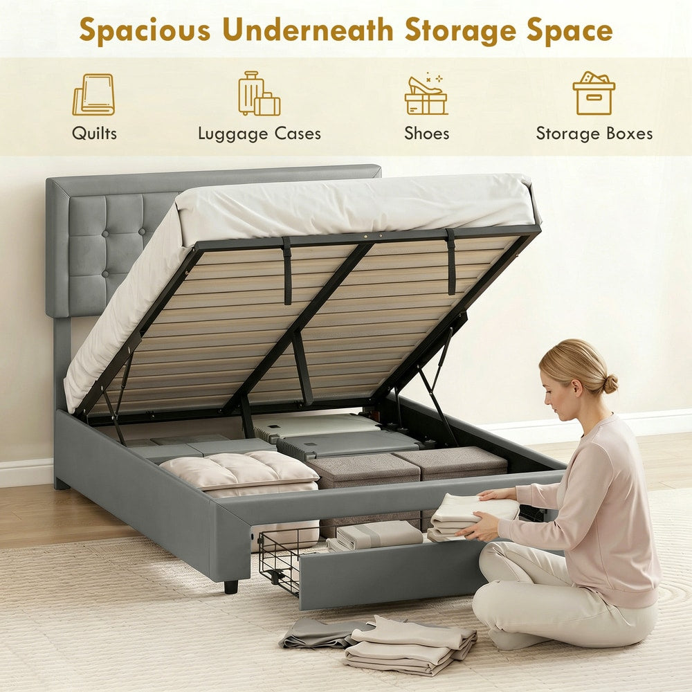 Woman placing items into the spacious storage of the grey king size ottoman bed