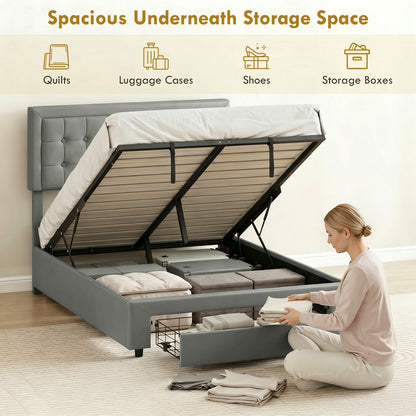 Woman placing items into the spacious storage of the grey king size ottoman bed