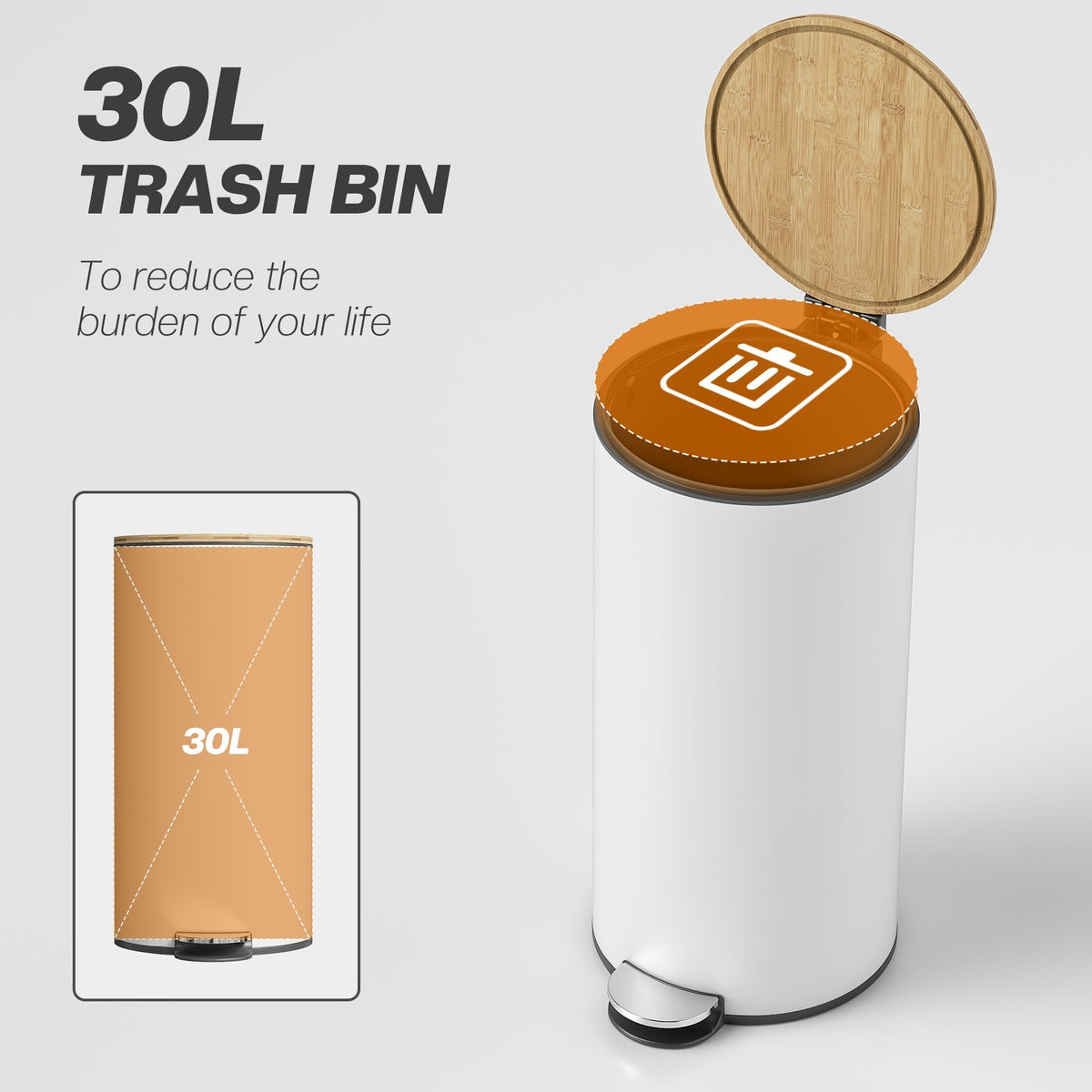 A graphic showing the 30 litre capacity of the white pedal bin