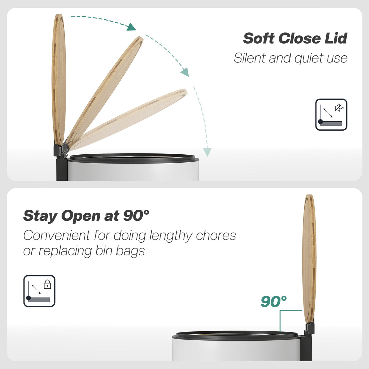Close up of the soft close lid and stay open features of the pedal bin