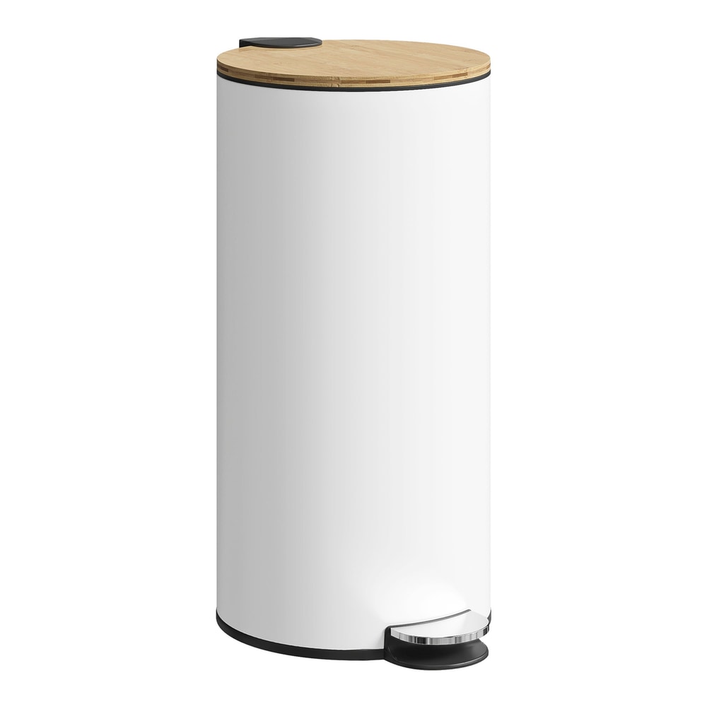 HOMCOM Kitchen Bin, a white pedal rubbish bin with a natural wood lid