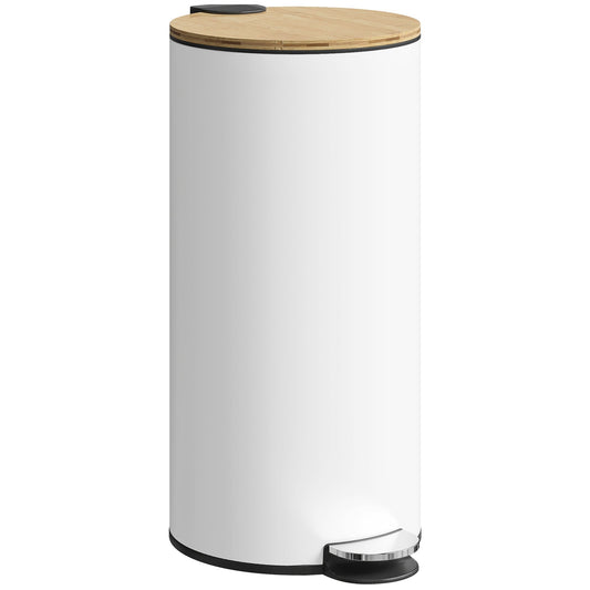 HOMCOM Kitchen Bin, a white pedal rubbish bin with a natural wood lid