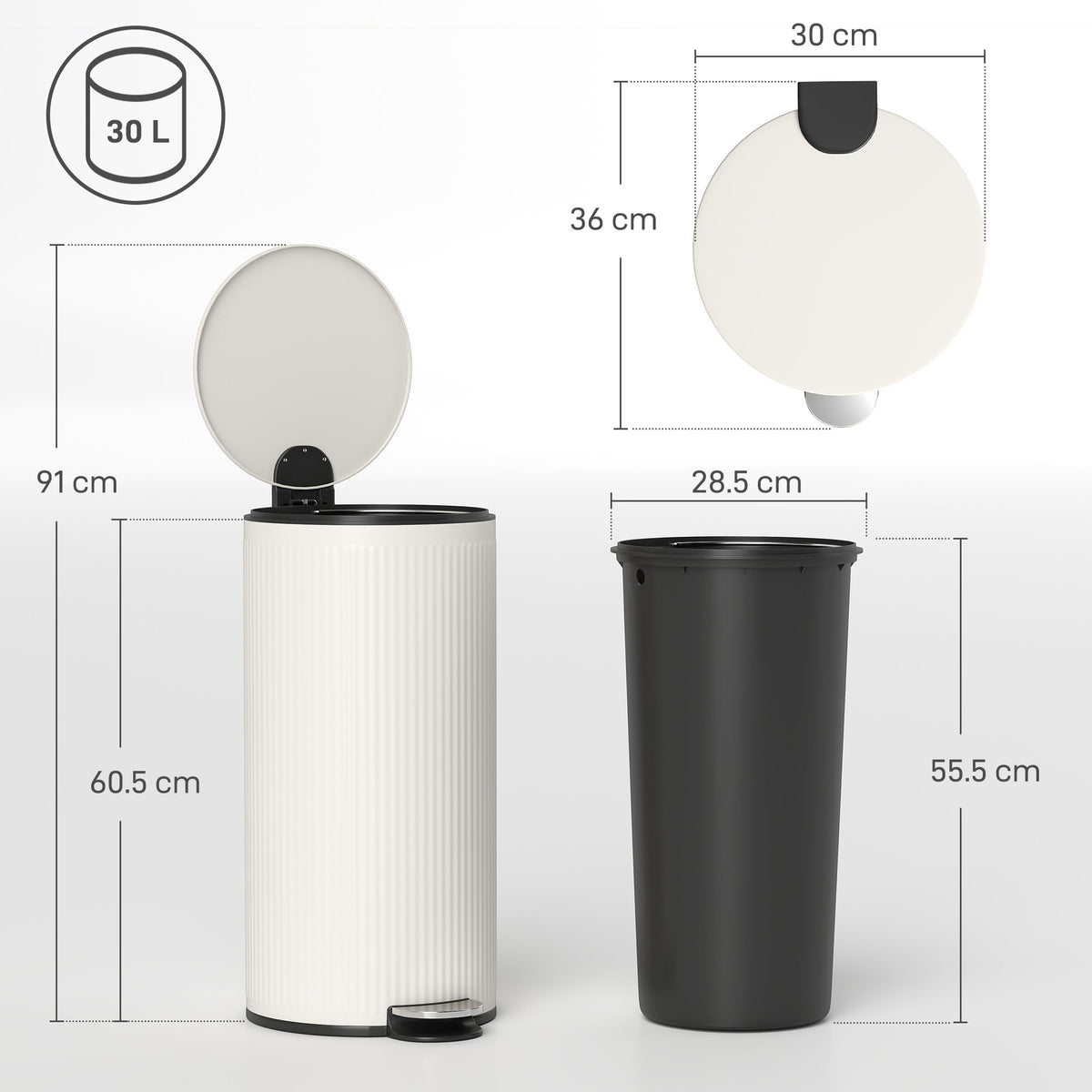 The kitchen bin shown with its lid open and the removable inner bucket beside it with dimensions