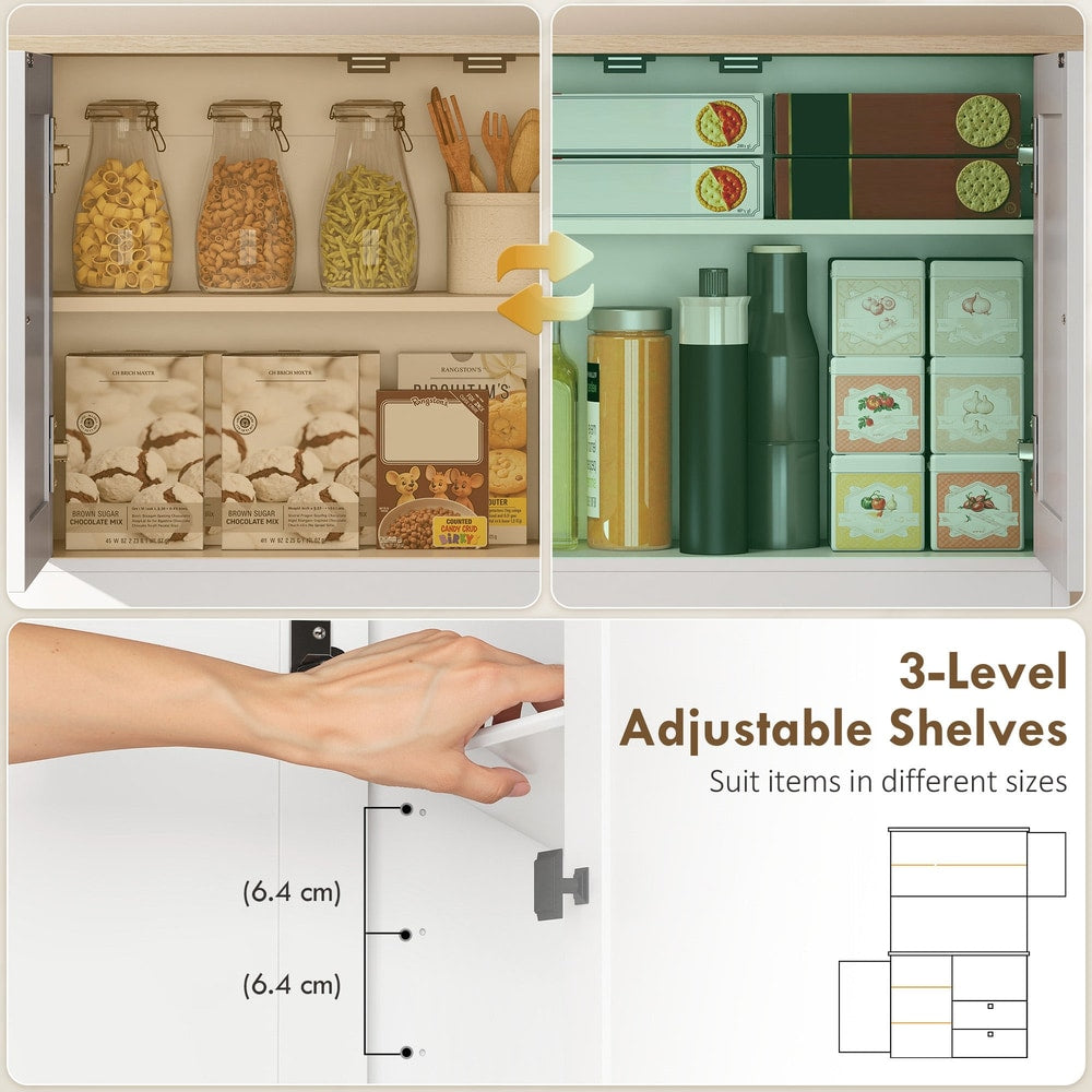 The adjustable shelves inside the kitchen cabinet can be moved to different heights