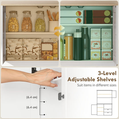 The adjustable shelves inside the kitchen cabinet can be moved to different heights