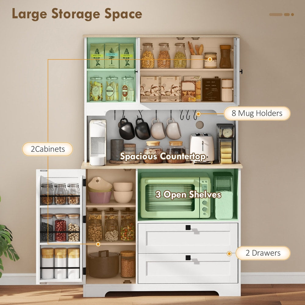 This kitchen furniture offers large storage space with cabinets, drawers, and open shelves